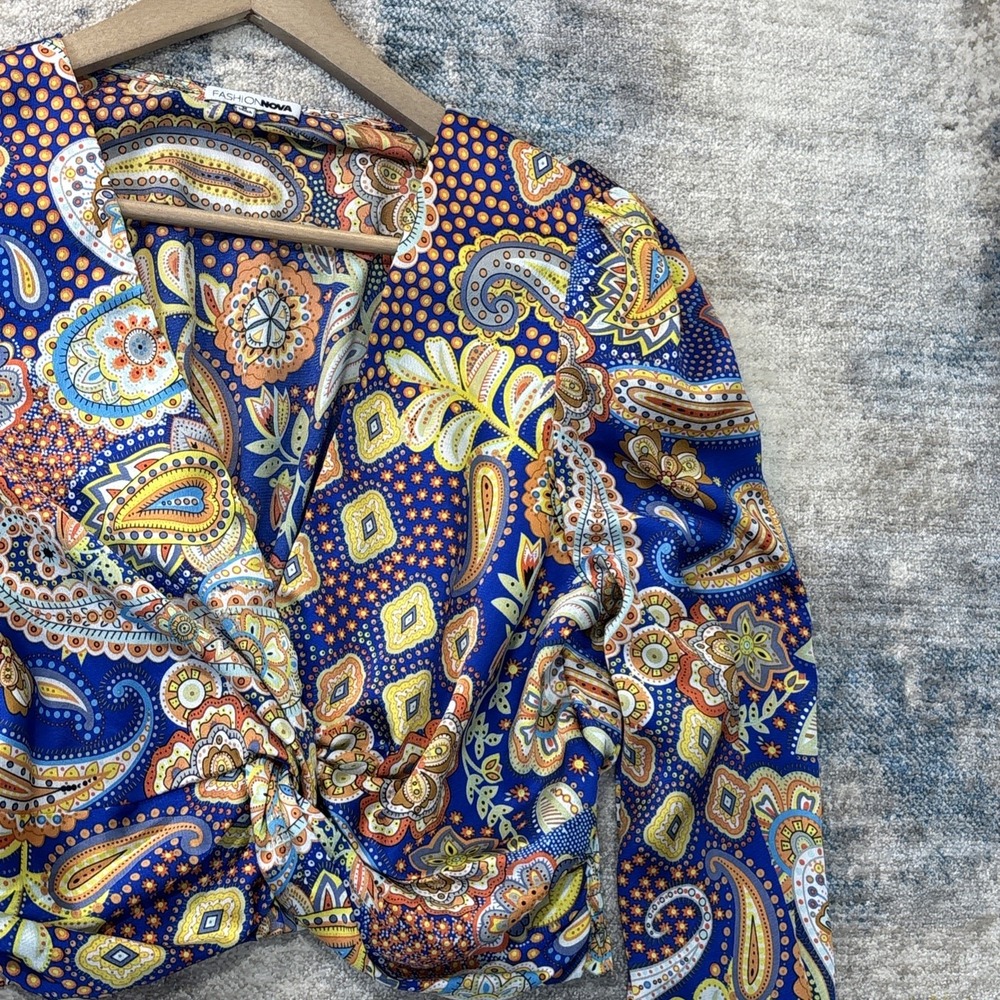 Fashion Nova Boho Goddess Paisley Crop Top Puff Sleeve Hippie Chic M